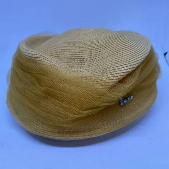 Vintage Yellow Hat with Silver V Shaped Accent - Picture 3 of 13